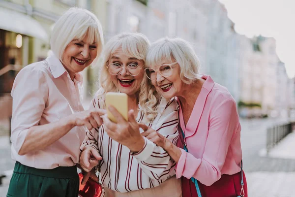 Drei schöne Weibchen, die auf das Telefon schauen — Stockfoto