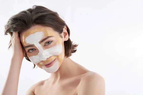 Portrait of pretty smile woman with face mask — Stok Foto