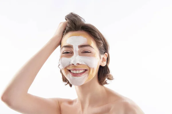 Portrait of happy smile female with face mask — Stok Foto