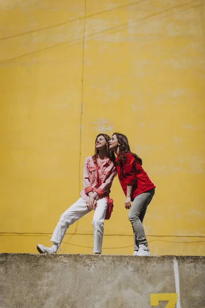 Dos chicas hipster bastante alegres en parapeto — Foto de Stock