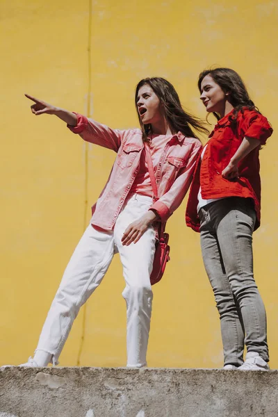 Dos chicas hipster mirando lejos en parapeto — Foto de Stock