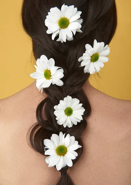 Крупним планом брюнетка жінка з ромашками в волоссі — стокове фото
