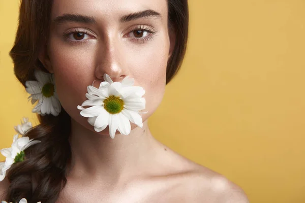 Půvabná brunetka držící v ústech heřmánkového — Stock fotografie