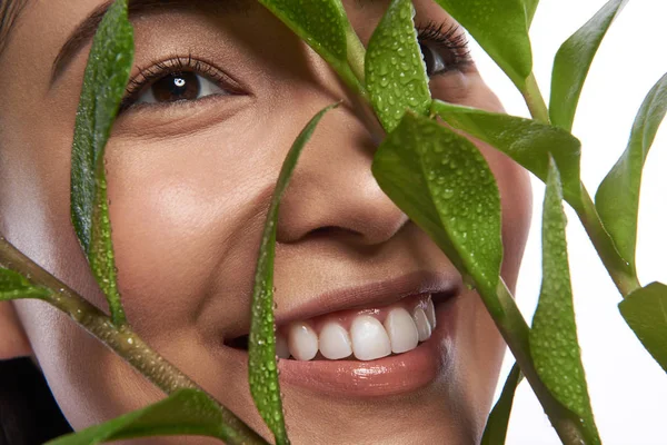 绿叶背后的微笑的亚洲女人的脸 — 图库照片
