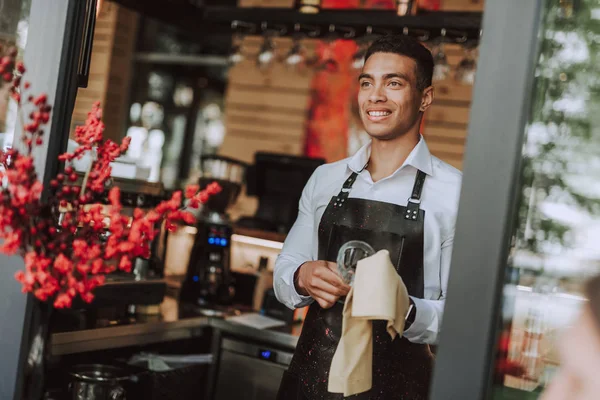 Joyeuse barman essuyant verre avec chiffon de nettoyage — Photo