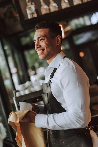 Barman alegre limpiando taza blanca con paño de limpieza en la cafetería — Foto de Stock