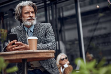 Cafe masa stok fotoğraf akıllı telefon ile sakin sakallı adam