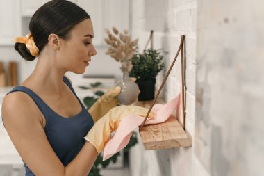 Neşeli kadın ev stok fotoğraf raf silme