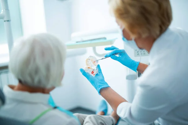 Kvinnlig läkare visar tänder modell för patienten — Stockfoto