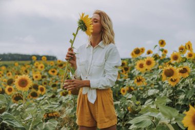 Genç güzel bayan yaz aylarında tarlada ayçiçeği kokulu