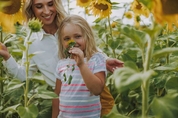 Блондинка і мила дівчина, що стоїть в полі соняшників — стокове фото