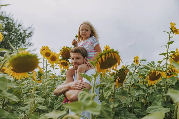 Yakışıklı genç baba ayçiçeği alanında kameraya poz — Stok fotoğraf