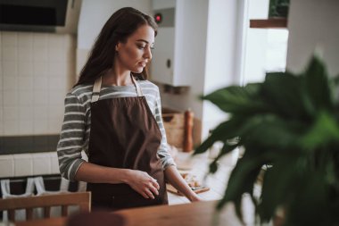 Sakin genç bayan mutfakta ev işleri yapıyor