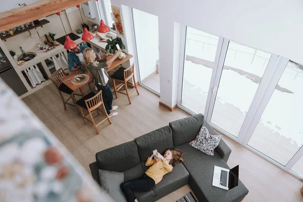 Lovely family spending time at home and making selfie — Stock Photo, Image