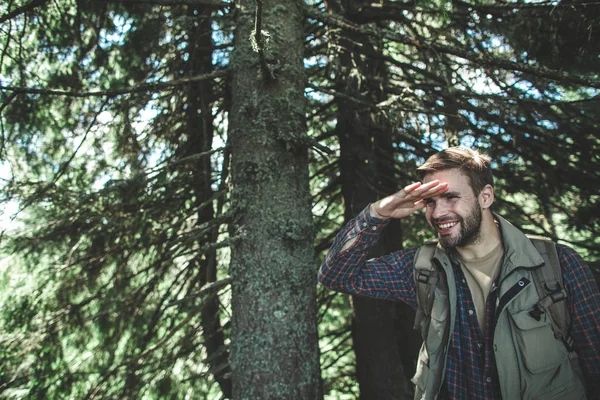 Resenär man gå på gröna träd i skogen — Stockfoto