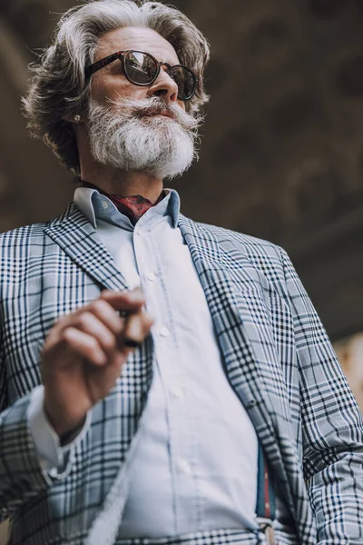 Lindo cavalheiro está fumando charuto foto stock — Fotografia de Stock