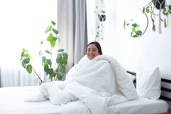 Joven alegre sintiéndose feliz bajo la manta en la mañana —  Fotos de Stock