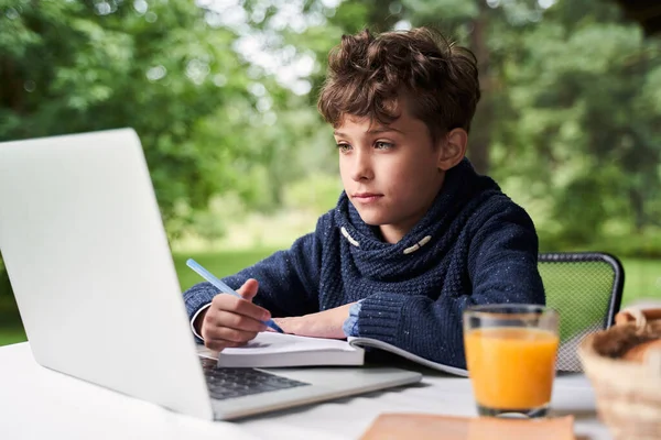 Adorable niño usando portátil mientras estudia al aire libre — Foto de Stock