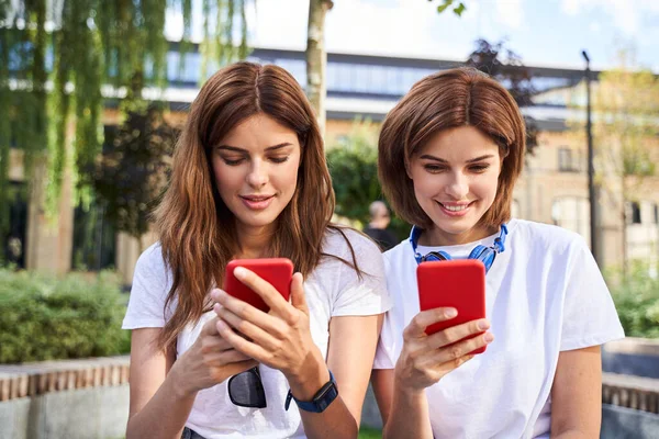 Chicas escribiendo mensaje de texto en el teléfono celular — Foto de Stock