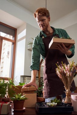 Çiçekçi bitkilerle kutuları topluyor.