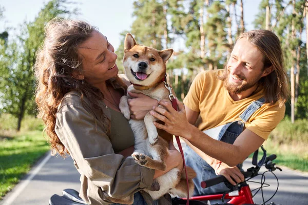 Paar hat Spaß mit Hund — Stockfoto