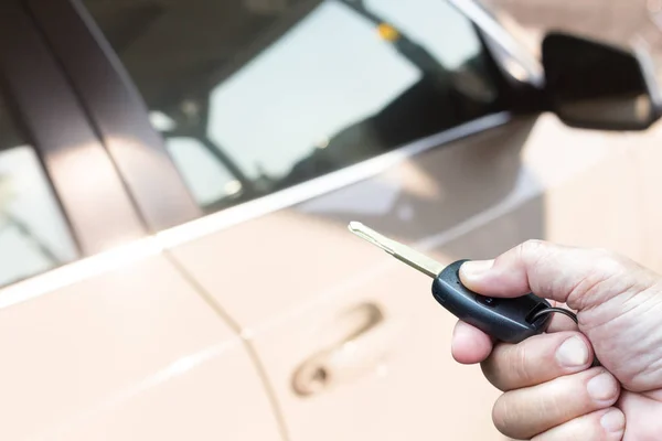 Men Hand Presses Remote Control Car Key — Stock Photo, Image