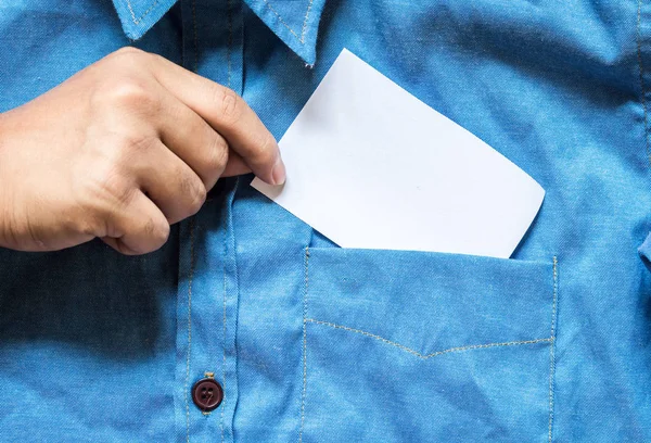 Hand Blank White Card Copy Space Pocket Shirt — Stock Photo, Image