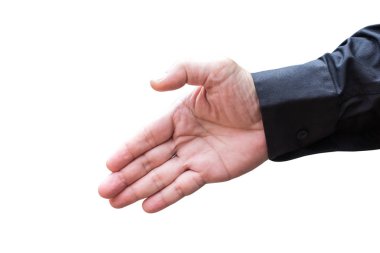 Beyaz arka plan üzerinde izole el hareketi gösterilen iş adamı. Bu kırpma yolu vardır