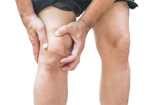 膝关节疼痛孤立在白色背景上的男人 — 图库照片
