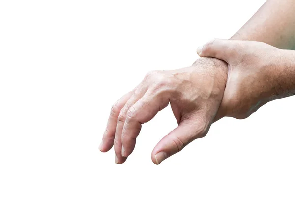 Homem Segura Sua Mão Dor Aguda Pulso Isolado Fundo Branco — Fotografia de Stock