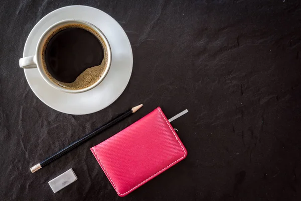 Cup Coffee Notebook Pen Black Background — Stock Photo, Image