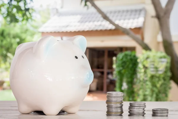 Piggy bank and coins on home blur background