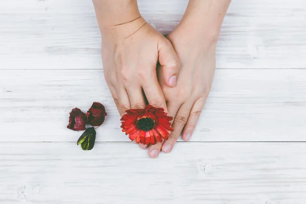 Hermosa Mano Con Flor Roja Mesa Madera —  Fotos de Stock