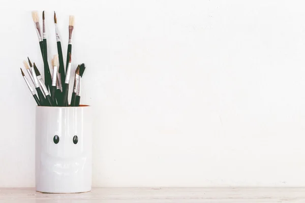 Paint Brushes Wooden Table — Stock Photo, Image