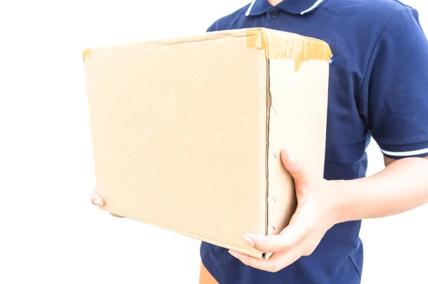 Entrega Homem Uniforme Azul Segurando Caixa Isolada Fundo Branco — Fotografia de Stock