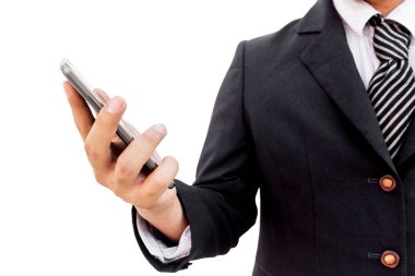 Cep telefonu beyaz arka plan üzerinde izole tutan işadamı