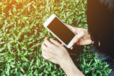 Genç kadın Smartphone yeşil çimenlerin üzerinde dokunmadan