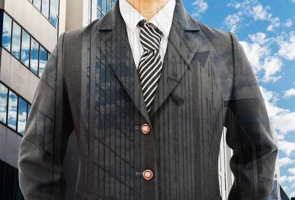 Businessman Double Exposure Photo Office Buildings Blue Sky — Stock Photo, Image