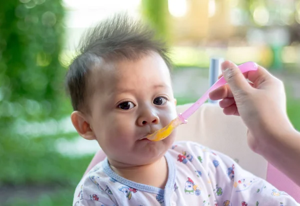 Mãe Alimenta Bebê Uma Colher — Fotografia de Stock