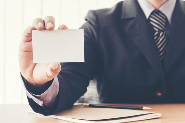 Businessman Holding His Blank White Card — Stock Photo, Image
