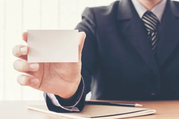 Businessman Holding His Blank White Card — Stock Photo, Image