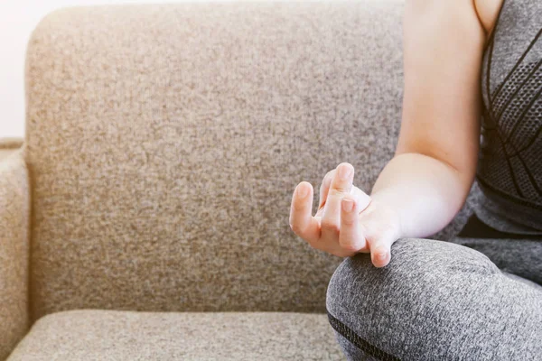 Woman Practicing Yoga Home Interior Sofa — Stock Photo, Image