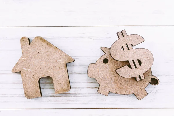 Small Model House Piggy Bank Wooden Background — Stock Photo, Image