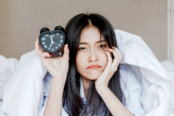 Woman Holding Alarmclock Bed Morning — Stock Photo, Image