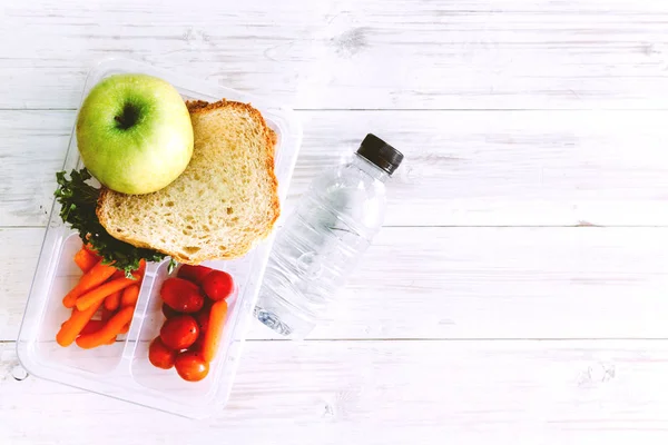 Lunch Box Vegetables Slice Bread Healthy School Lunch Wooden Table — Stock Photo, Image