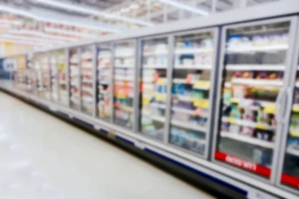 Refrigeradores Comerciais Grande Supermercado Desfocado Fundo — Fotografia de Stock