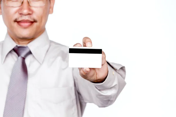 Empresário Segurando Cartão Crédito Fundo Branco — Fotografia de Stock