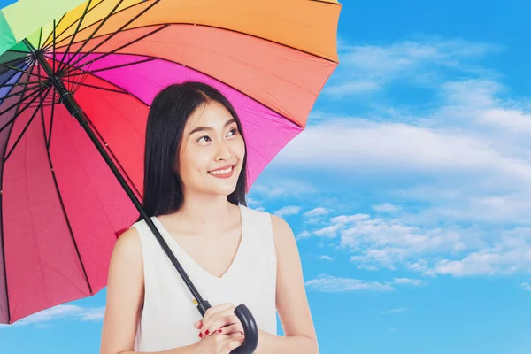 Young Woman Holding Umbrella Blue Sky — Stock Photo, Image