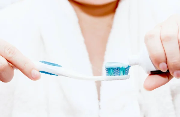 Woman Applying Toothpaste Toothbrush — Stock Photo, Image