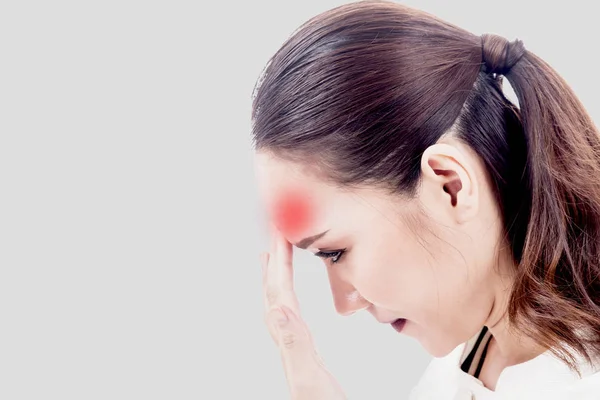 Dolor Cabeza Mujer Cabeza Sostenida Sobre Fondo Gris — Foto de Stock